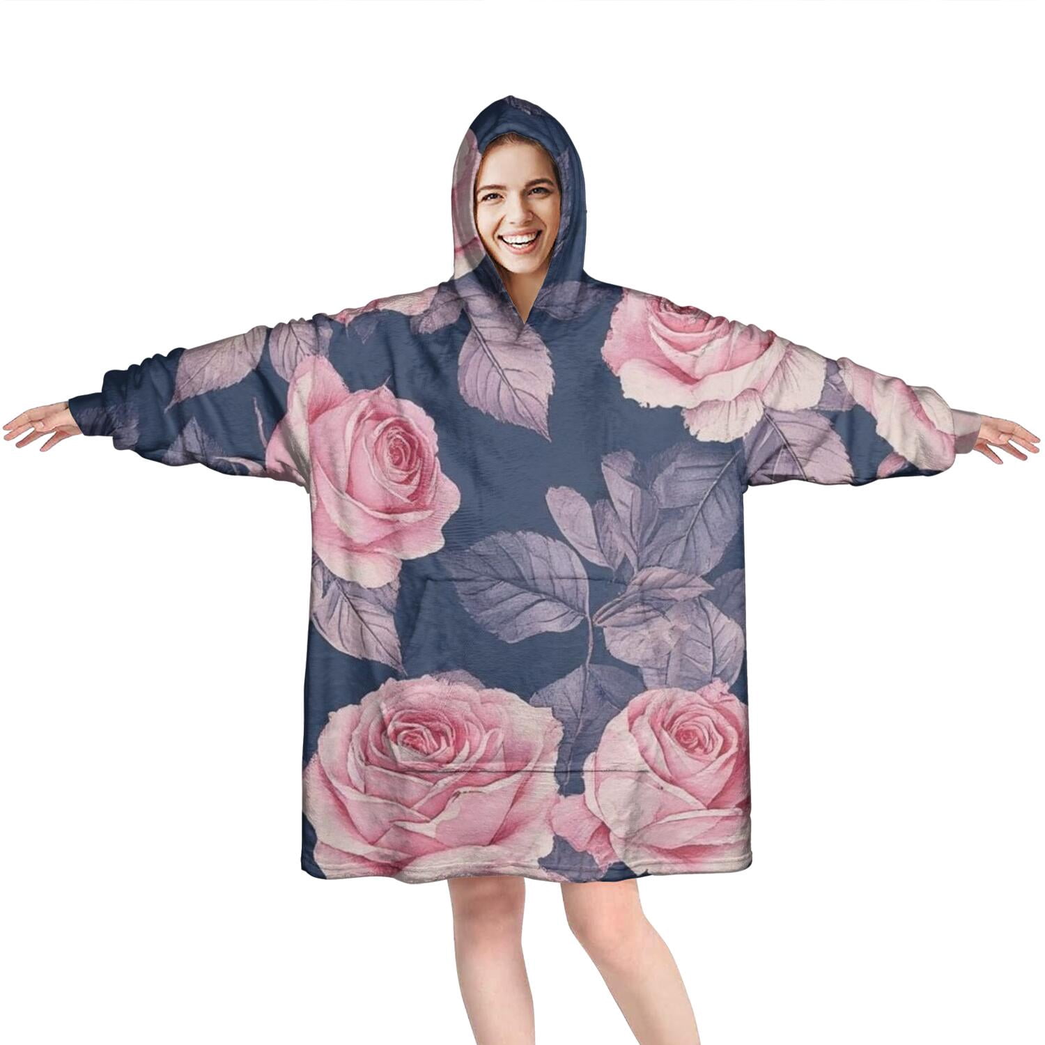Wearable Oversized Blanket,Pioneer Flower Floral Print Pattern Wearable Blanket Hoodie for Adults,Cozy Hooded Blankets with Super Pockets,Super Warm Fuzzy Pullover for Women & Men