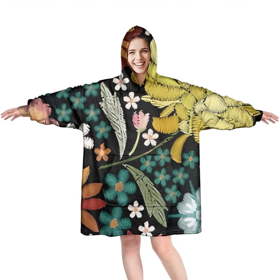 Wearable Oversized Blanket,Pioneer Flower Floral Print Pattern Wearable Blanket Hoodie for Adults,Cozy Hooded Blankets with Super Pockets,Super Warm Fuzzy Pullover for Women & Men