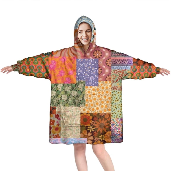 Wearable Oversized Blanket,Pioneer Flower Floral Print Pattern Wearable Blanket Hoodie for Adults,Cozy Hooded Blankets with Super Pockets,Super Warm Fuzzy Pullover for Women & Men