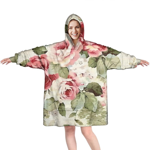 Wearable Oversized Blanket,Pioneer Flower Floral Print Pattern Wearable Blanket Hoodie for Adults,Cozy Hooded Blankets with Super Pockets,Super Warm Fuzzy Pullover for Women & Men