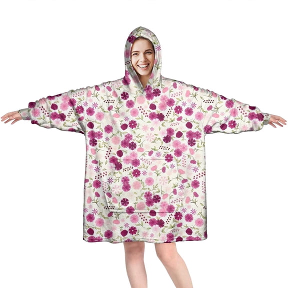 Wearable Oversized Blanket,Pioneer Flower Floral Print Pattern Wearable Blanket Hoodie for Adults,Cozy Hooded Blankets with Super Pockets,Super Warm Fuzzy Pullover for Women & Men