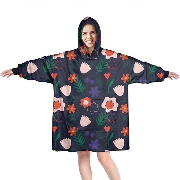 Wearable Oversized Blanket,Pioneer Flower Floral Print Pattern Wearable Blanket Hoodie for Adults,Cozy Hooded Blankets with Super Pockets,Super Warm Fuzzy Pullover for Women & Men