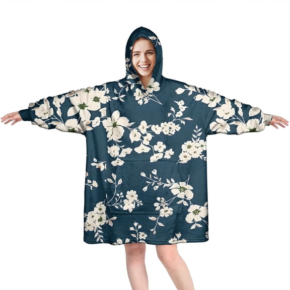 Wearable Oversized Blanket,Pioneer Flower Floral Print Pattern Wearable Blanket Hoodie for Adults,Cozy Hooded Blankets with Super Pockets,Super Warm Fuzzy Pullover for Women & Men