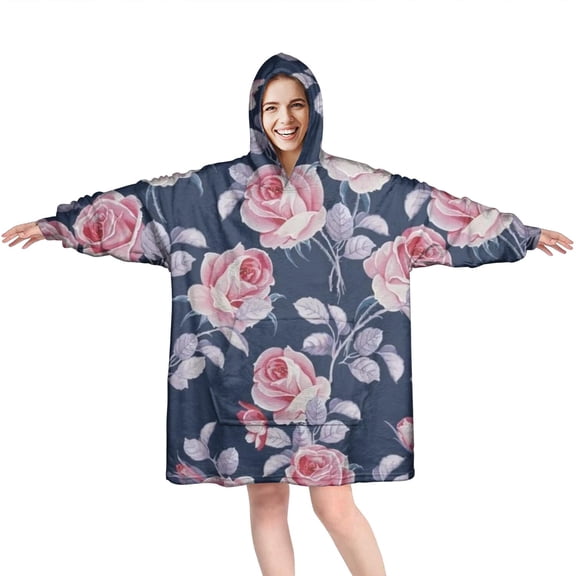 Wearable Oversized Blanket,Pioneer Flower Floral Print Pattern Wearable Blanket Hoodie for Adults,Cozy Hooded Blankets with Super Pockets,Super Warm Fuzzy Pullover for Women & Men