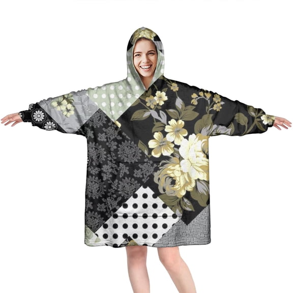 Wearable Oversized Blanket,Pioneer Flower Floral Print Pattern Wearable Blanket Hoodie for Adults,Cozy Hooded Blankets with Super Pockets,Super Warm Fuzzy Pullover for Women & Men