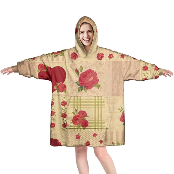 Wearable Oversized Blanket,Pioneer Flower Floral Print Pattern Wearable Blanket Hoodie for Adults,Cozy Hooded Blankets with Super Pockets,Super Warm Fuzzy Pullover for Women & Men