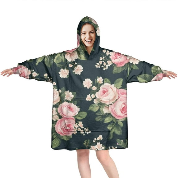 Wearable Oversized Blanket,Pioneer Flower Floral Print Pattern Wearable Blanket Hoodie for Adults,Cozy Hooded Blankets with Super Pockets,Super Warm Fuzzy Pullover for Women & Men