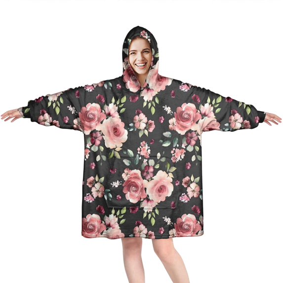 Wearable Oversized Blanket,Pioneer Flower Floral Print Pattern Wearable Blanket Hoodie for Adults,Cozy Hooded Blankets with Super Pockets,Super Warm Fuzzy Pullover for Women & Men