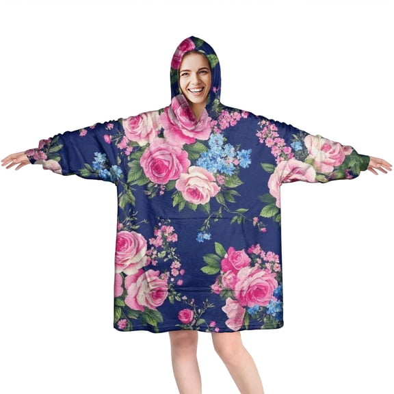 Wearable Oversized Blanket,Pioneer Flower Floral Print Pattern Wearable Blanket Hoodie for Adults,Cozy Hooded Blankets with Super Pockets,Super Warm Fuzzy Pullover for Women & Men