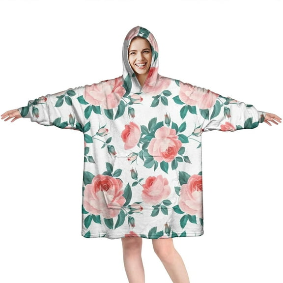 Wearable Oversized Blanket,Pioneer Flower Floral Print Pattern Wearable Blanket Hoodie for Adults,Cozy Hooded Blankets with Super Pockets,Super Warm Fuzzy Pullover for Women & Men