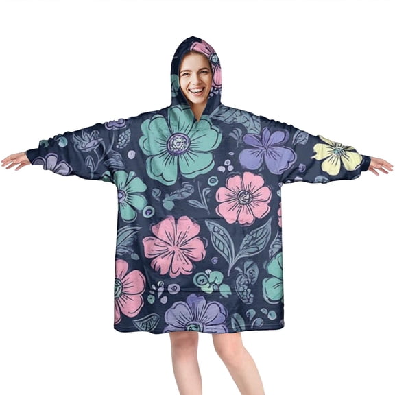Wearable Oversized Blanket,Pioneer Flower Floral Print Pattern Wearable Blanket Hoodie for Adults,Cozy Hooded Blankets with Super Pockets,Super Warm Fuzzy Pullover for Women & Men