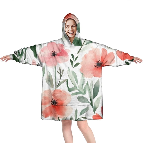 Wearable Oversized Blanket,Pioneer Flower Floral Print Pattern Wearable Blanket Hoodie for Adults,Cozy Hooded Blankets with Super Pockets,Super Warm Fuzzy Pullover for Women & Men