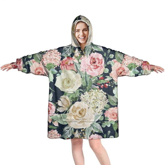 Wearable Oversized Blanket,Pioneer Flower Floral Print Pattern Wearable Blanket Hoodie for Adults,Cozy Hooded Blankets with Super Pockets,Super Warm Fuzzy Pullover for Women & Men