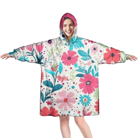 Wearable Oversized Blanket,Pioneer Flower Floral Print Pattern Wearable Blanket Hoodie for Adults,Cozy Hooded Blankets with Super Pockets,Super Warm Fuzzy Pullover for Women & Men