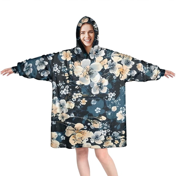 Wearable Oversized Blanket,Pioneer Flower Floral Print Pattern Wearable Blanket Hoodie for Adults,Cozy Hooded Blankets with Super Pockets,Super Warm Fuzzy Pullover for Women & Men