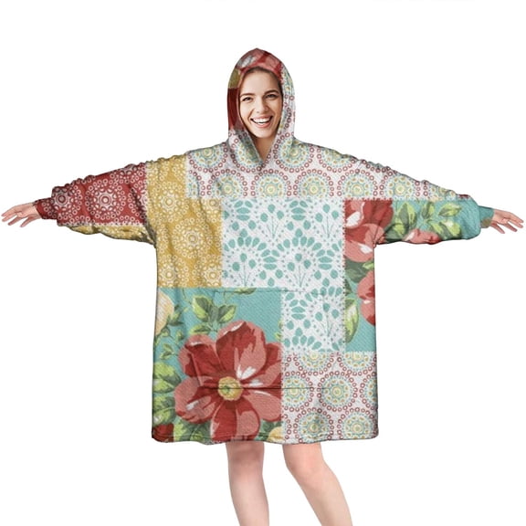 Wearable Oversized Blanket,Pioneer Flower Floral Print Pattern Wearable Blanket Hoodie for Adults,Cozy Hooded Blankets with Super Pockets,Super Warm Fuzzy Pullover for Women & Men