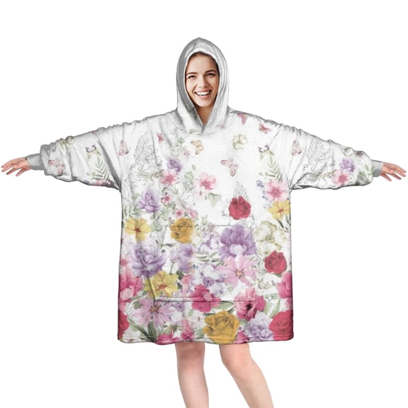 Wearable Oversized Blanket,Pioneer Flower Floral Print Pattern Wearable Blanket Hoodie for Adults,Cozy Hooded Blankets with Super Pockets,Super Warm Fuzzy Pullover for Women & Men