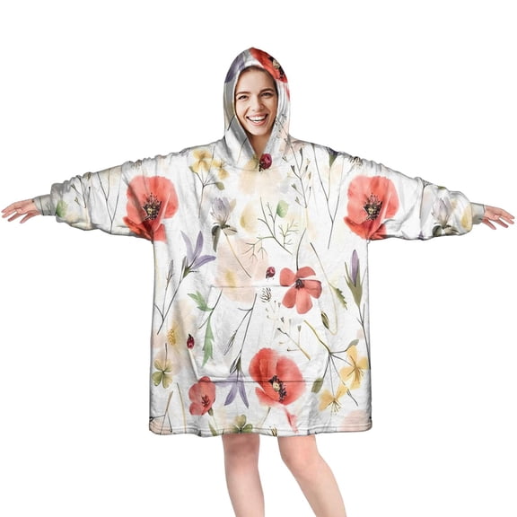Wearable Oversized Blanket,Pioneer Flower Floral Print Pattern Wearable Blanket Hoodie for Adults,Cozy Hooded Blankets with Super Pockets,Super Warm Fuzzy Pullover for Women & Men