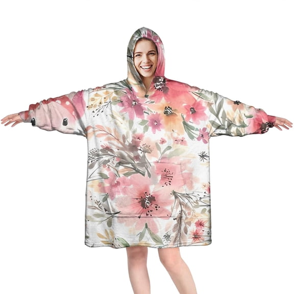 Wearable Oversized Blanket,Pioneer Flower Floral Print Pattern Wearable Blanket Hoodie for Adults,Cozy Hooded Blankets with Super Pockets,Super Warm Fuzzy Pullover for Women & Men