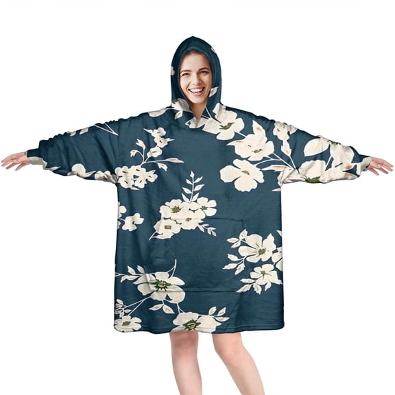 Wearable Oversized Blanket,Pioneer Flower Floral Print Pattern Wearable Blanket Hoodie for Adults,Cozy Hooded Blankets with Super Pockets,Super Warm Fuzzy Pullover for Women & Men