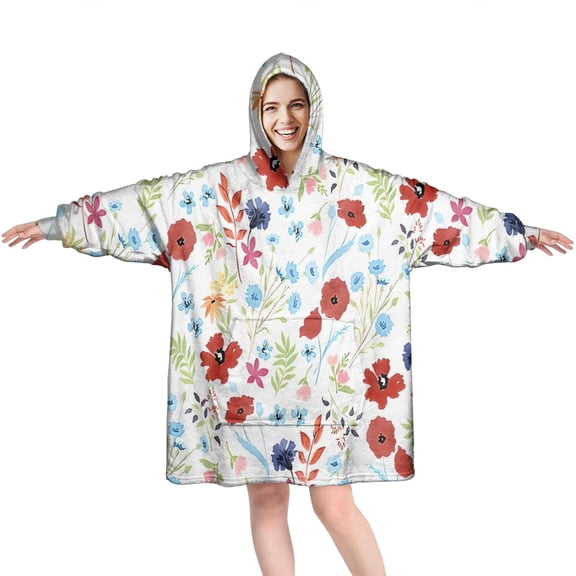 Wearable Oversized Blanket,Pioneer Flower Floral Print Pattern Wearable Blanket Hoodie for Adults,Cozy Hooded Blankets with Super Pockets,Super Warm Fuzzy Pullover for Women & Men