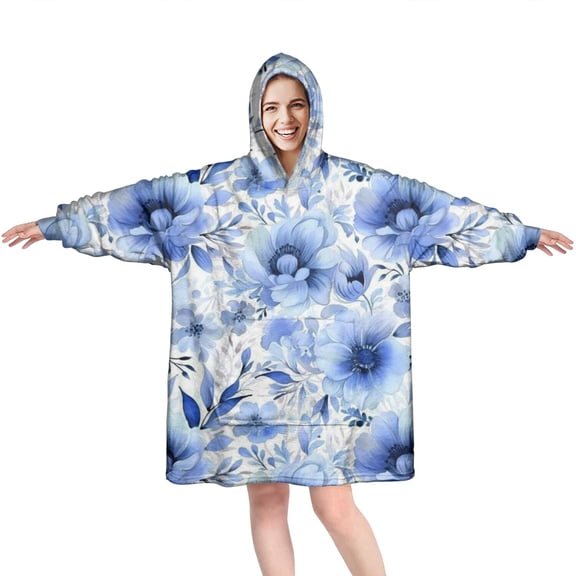 Wearable Oversized Blanket,Pioneer Flower Floral Print Pattern Wearable Blanket Hoodie for Adults,Cozy Hooded Blankets with Super Pockets,Super Warm Fuzzy Pullover for Women & Men