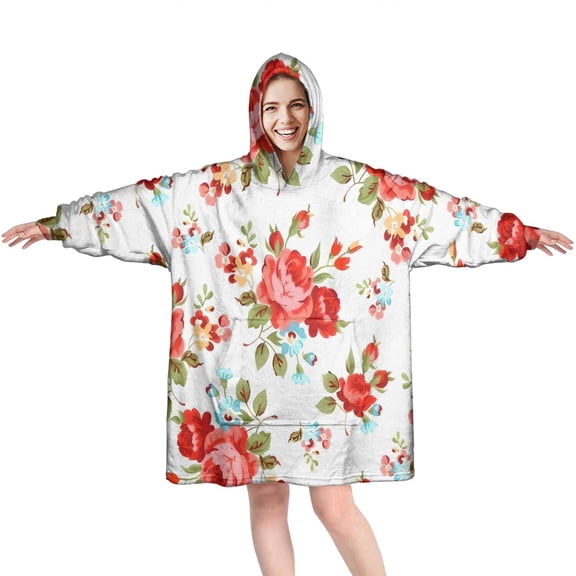 Wearable Oversized Blanket,Pioneer Flower Floral Print Pattern Wearable Blanket Hoodie for Adults,Cozy Hooded Blankets with Super Pockets,Super Warm Fuzzy Pullover for Women & Men