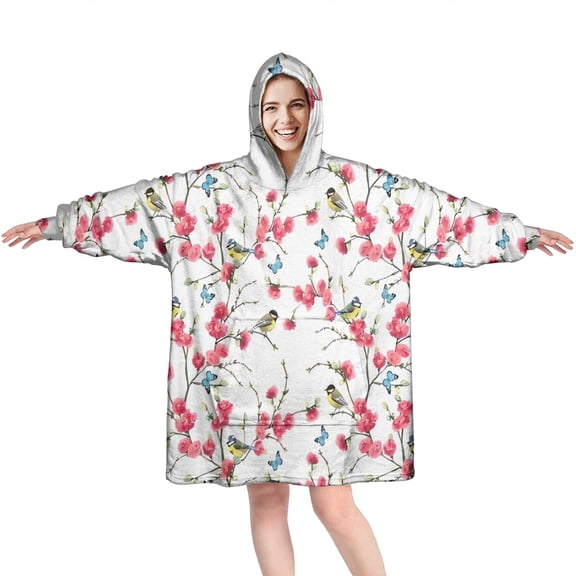 Wearable Oversized Blanket,Pioneer Flower Floral Print Pattern Wearable Blanket Hoodie for Adults,Cozy Hooded Blankets with Super Pockets,Super Warm Fuzzy Pullover for Women & Men