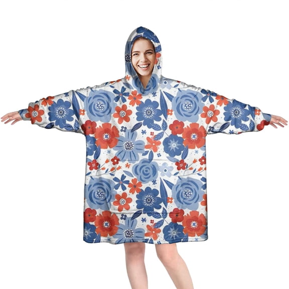 Wearable Oversized Blanket,Pioneer Flower Floral Print Pattern Wearable Blanket Hoodie for Adults,Cozy Hooded Blankets with Super Pockets,Super Warm Fuzzy Pullover for Women & Men
