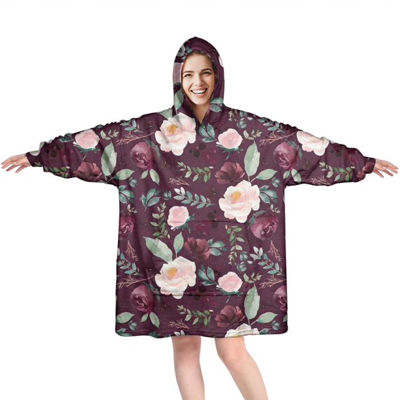 Wearable Oversized Blanket,Pioneer Flower Floral Print Pattern Wearable Blanket Hoodie for Adults,Cozy Hooded Blankets with Super Pockets,Super Warm Fuzzy Pullover for Women & Men