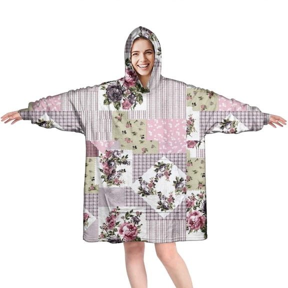 Wearable Oversized Blanket,Pioneer Flower Floral Print Pattern Wearable Blanket Hoodie for Adults,Cozy Hooded Blankets with Super Pockets,Super Warm Fuzzy Pullover for Women & Men