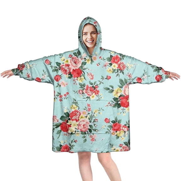 Wearable Oversized Blanket,Pioneer Flower Floral Print Pattern Wearable Blanket Hoodie for Adults,Cozy Hooded Blankets with Super Pockets,Super Warm Fuzzy Pullover for Women & Men