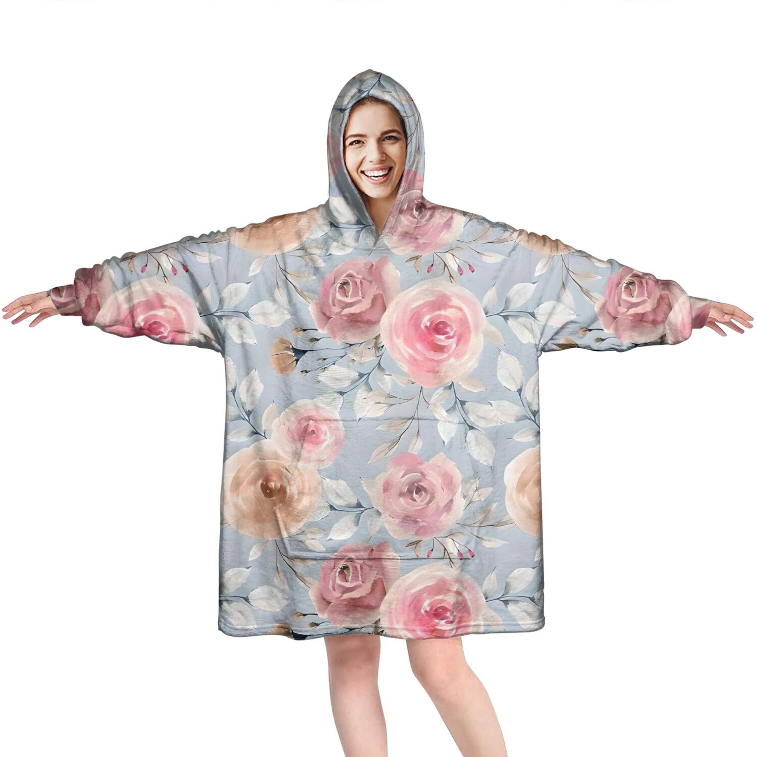 Wearable Oversized Blanket,Pioneer Flower Floral Print Pattern Wearable Blanket Hoodie for Adults,Cozy Hooded Blankets with Super Pockets,Super Warm Fuzzy Pullover for Women & Men