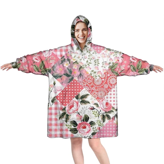 Wearable Oversized Blanket,Pioneer Flower Floral Print Pattern Wearable Blanket Hoodie for Adults,Cozy Hooded Blankets with Super Pockets,Super Warm Fuzzy Pullover for Women & Men