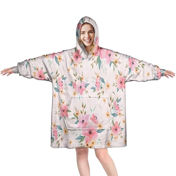 Wearable Oversized Blanket,Pioneer Flower Floral Print Pattern Wearable Blanket Hoodie for Adults,Cozy Hooded Blankets with Super Pockets,Super Warm Fuzzy Pullover for Women & Men