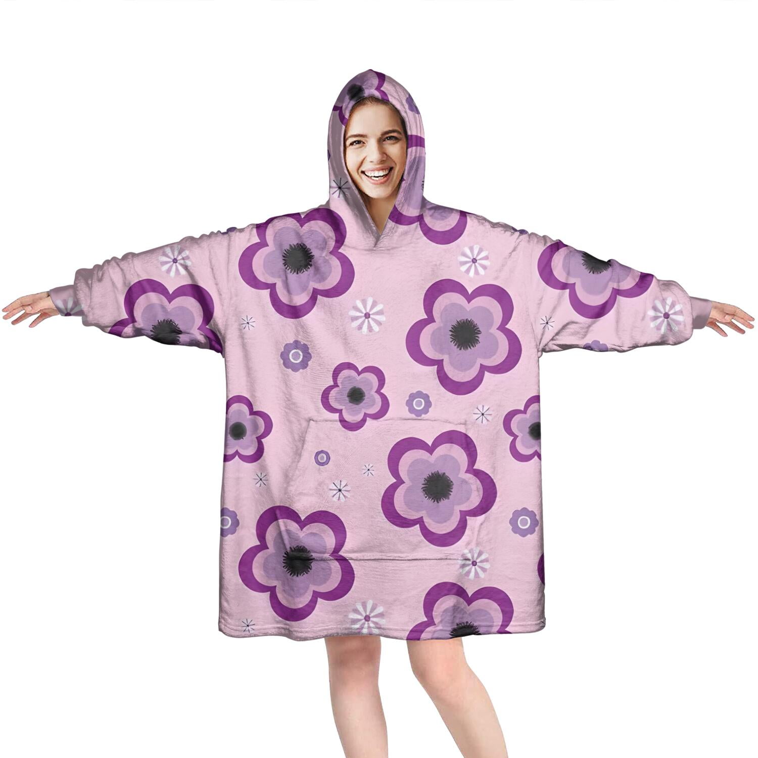 Wearable Oversized Blanket,Pioneer Flower Floral Print Pattern Wearable Blanket Hoodie for Adults,Cozy Hooded Blankets with Super Pockets,Super Warm Fuzzy Pullover for Women & Men
