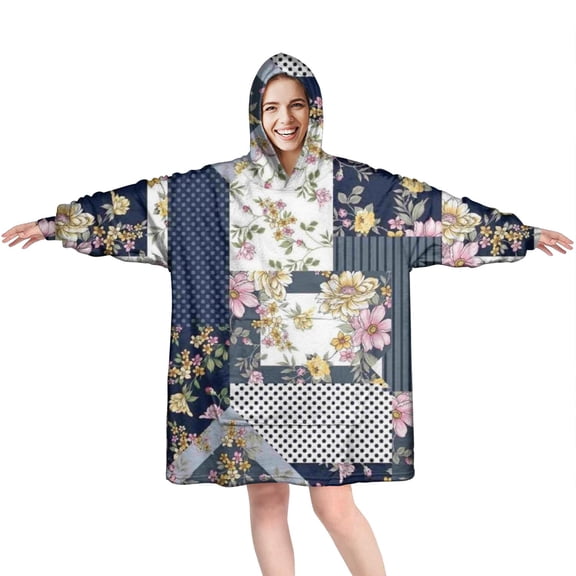 Wearable Oversized Blanket,Pioneer Flower Floral Print Pattern Wearable Blanket Hoodie for Adults,Cozy Hooded Blankets with Super Pockets,Super Warm Fuzzy Pullover for Women & Men