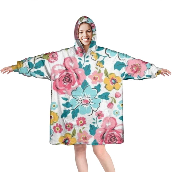 Wearable Oversized Blanket,Pioneer Flower Floral Print Pattern Wearable Blanket Hoodie for Adults,Cozy Hooded Blankets with Super Pockets,Super Warm Fuzzy Pullover for Women & Men