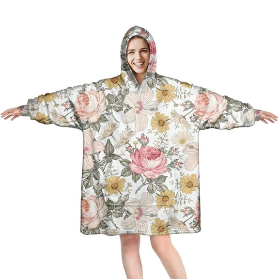 Wearable Oversized Blanket,Pioneer Flower Floral Print Pattern Wearable Blanket Hoodie for Adults,Cozy Hooded Blankets with Super Pockets,Super Warm Fuzzy Pullover for Women & Men