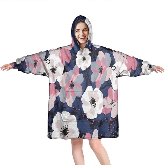 Wearable Oversized Blanket,Pioneer Flower Floral Print Pattern Wearable Blanket Hoodie for Adults,Cozy Hooded Blankets with Super Pockets,Super Warm Fuzzy Pullover for Women & Men