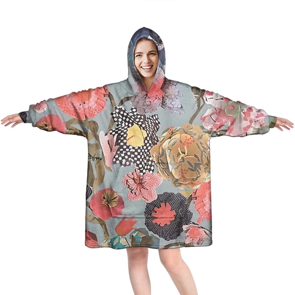 Wearable Oversized Blanket,Pioneer Flower Floral Print Pattern Wearable Blanket Hoodie for Adults,Cozy Hooded Blankets with Super Pockets,Super Warm Fuzzy Pullover for Women & Men