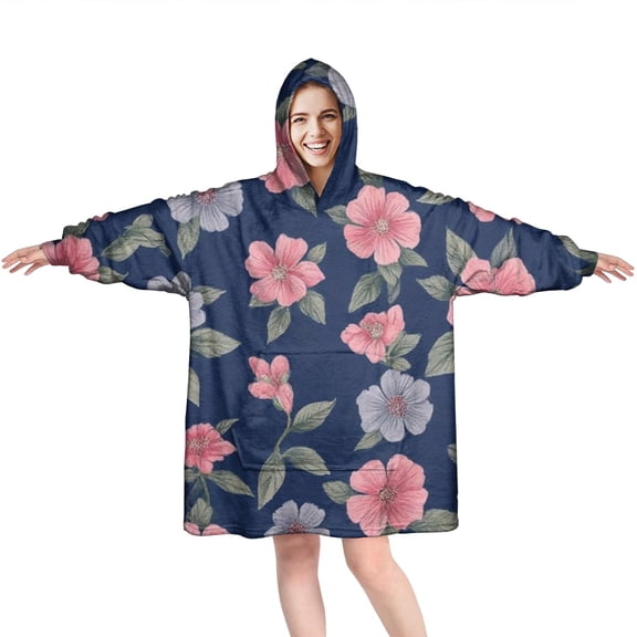 Wearable Oversized Blanket,Pioneer Flower Floral Print Pattern Wearable Blanket Hoodie for Adults,Cozy Hooded Blankets with Super Pockets,Super Warm Fuzzy Pullover for Women & Men