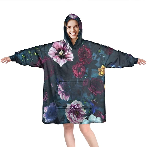 Wearable Oversized Blanket,Pioneer Flower Floral Print Pattern Wearable Blanket Hoodie for Adults,Cozy Hooded Blankets with Super Pockets,Super Warm Fuzzy Pullover for Women & Men