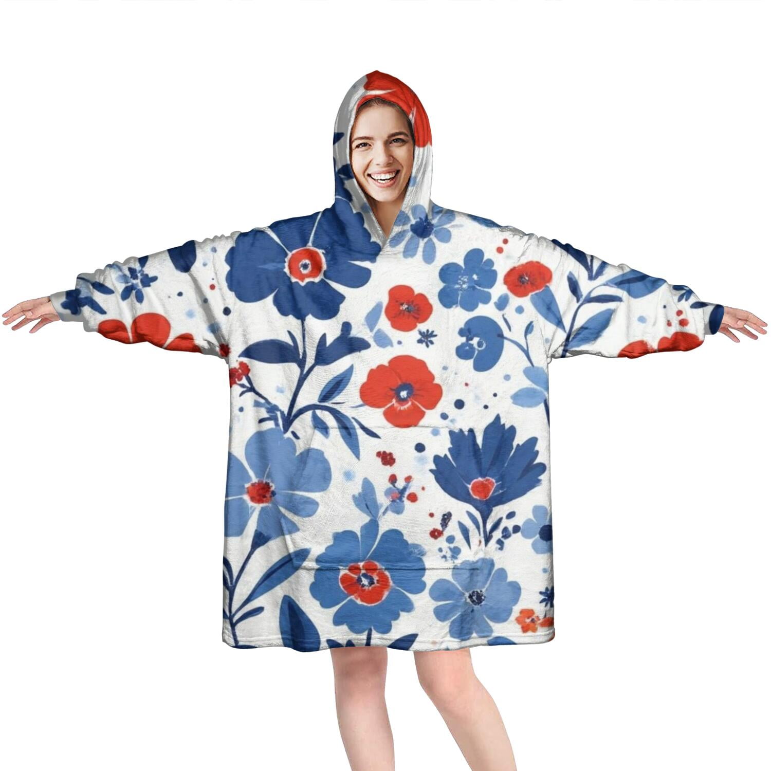 Wearable Oversized Blanket,Pioneer Flower Floral Print Pattern Wearable Blanket Hoodie for Adults,Cozy Hooded Blankets with Super Pockets,Super Warm Fuzzy Pullover for Women & Men