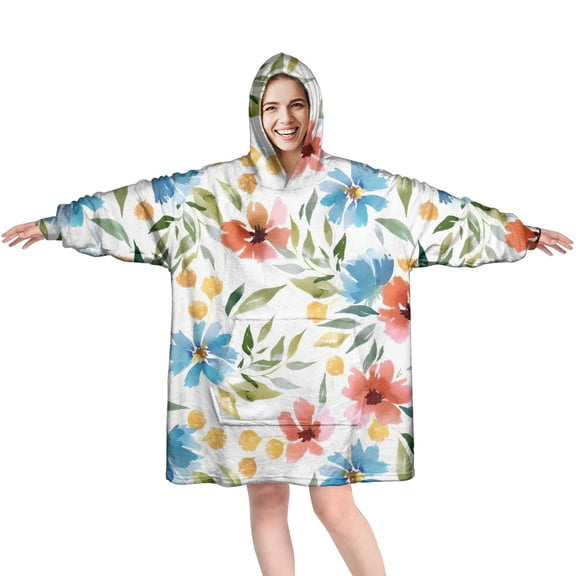 Wearable Oversized Blanket,Pioneer Flower Floral Print Pattern Wearable Blanket Hoodie for Adults,Cozy Hooded Blankets with Super Pockets,Super Warm Fuzzy Pullover for Women & Men
