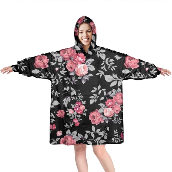 Wearable Oversized Blanket,Pioneer Flower Floral Print Pattern Wearable Blanket Hoodie for Adults,Cozy Hooded Blankets with Super Pockets,Super Warm Fuzzy Pullover for Women & Men