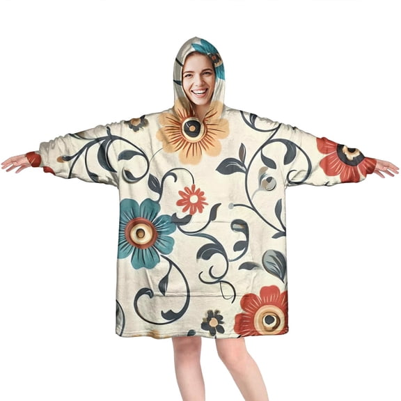 Wearable Oversized Blanket,Pioneer Flower Floral Print Pattern Wearable Blanket Hoodie for Adults,Cozy Hooded Blankets with Super Pockets,Super Warm Fuzzy Pullover for Women & Men