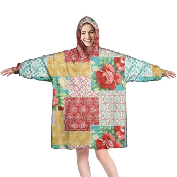 Wearable Oversized Blanket,Pioneer Flower Floral Print Pattern Wearable Blanket Hoodie for Adults,Cozy Hooded Blankets with Super Pockets,Super Warm Fuzzy Pullover for Women & Men