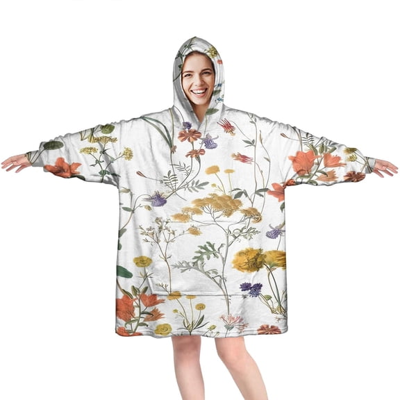Wearable Oversized Blanket,Pioneer Flower Floral Print Pattern Wearable Blanket Hoodie for Adults,Cozy Hooded Blankets with Super Pockets,Super Warm Fuzzy Pullover for Women & Men