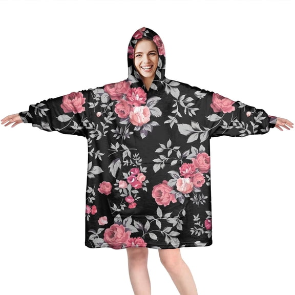Wearable Oversized Blanket,Pioneer Flower Floral Print Pattern Wearable Blanket Hoodie for Adults,Cozy Hooded Blankets with Super Pockets,Super Warm Fuzzy Pullover for Women & Men